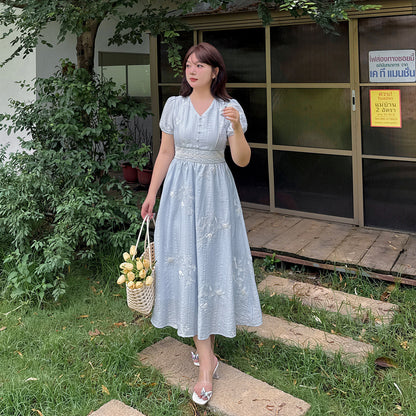 大きいサイズ レディース Vネック花柄レースウエストスパンコール刺繍ワンピース LL 3L 4L 5L