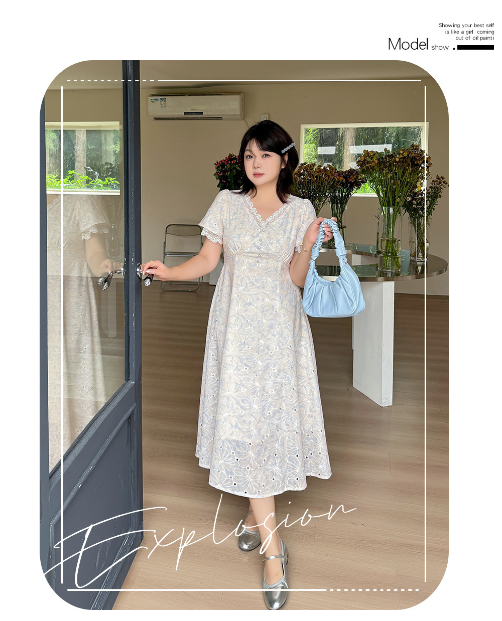 大きいサイズ レディース フラワーレース刺繍Vネックワンピース LL 3L 4L 5L