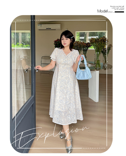 大きいサイズ レディース フラワーレース刺繍Vネックワンピース LL 3L 4L 5L