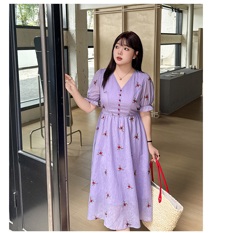 大きいサイズ レディース Vネック刺繍入りリボン花柄ワンピース LL 3L 4L 5L