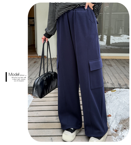 大きいサイズ レディース ニットフリース裏地ワイドレッグカーゴパンツ LL 3L 4L 5L