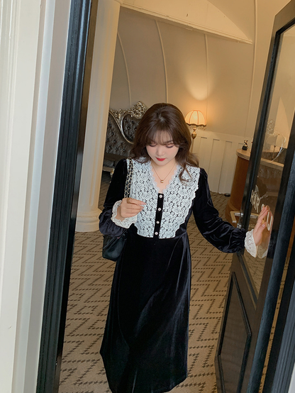 大きいサイズ レディース Vネックレースベルベットエレガントワンピース  LL 3L 4L 5L 6L