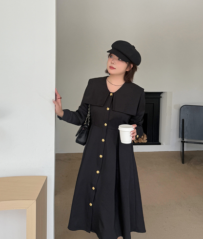 大きいサイズ レディース ビックラペルボタンダウンブラックワンピース（ベルト別売） LL 3L 4L 5L