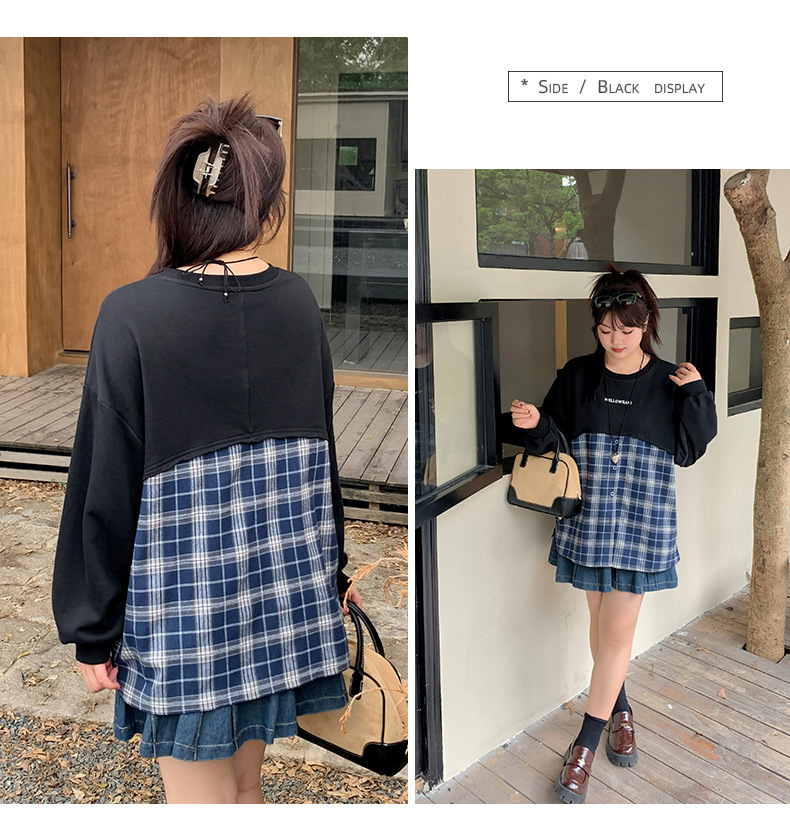 大きいサイズ レディース フェイクツーピースチェック柄スウェットシャツ LL 3L 4L 5L