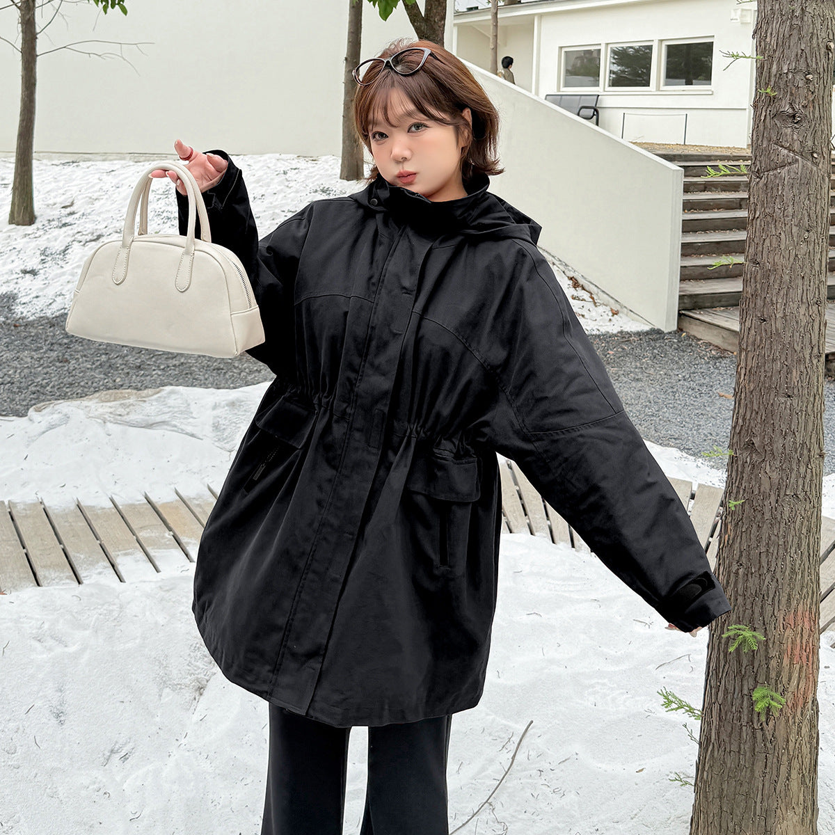 大きいサイズ レディース フード付きウエスト絞りキルティング中綿ジャケット 3L 4L 5L