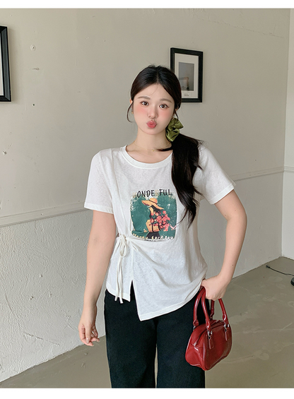 大きいサイズ レディース アートフラワープリントサイドリボンカットソー LL 3L 4L 5L