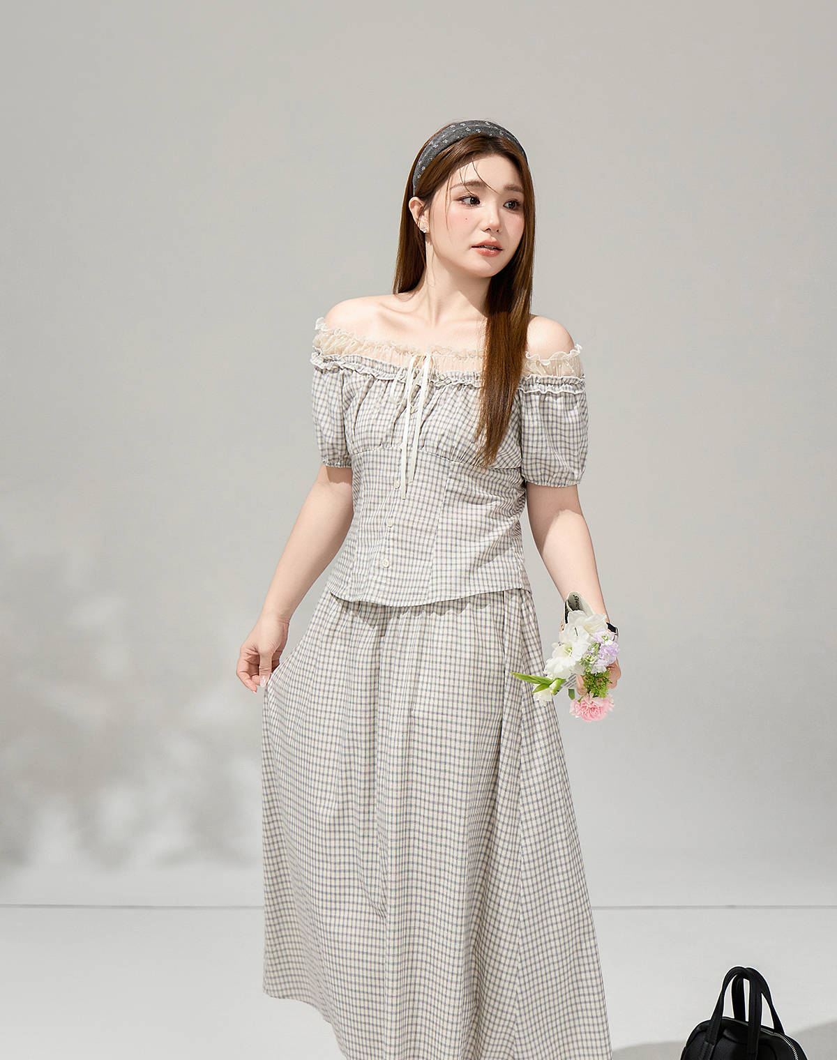 大きいサイズ レディース レースフリルオフショルチェックセットアップ LL 3L 4L 5L 6L