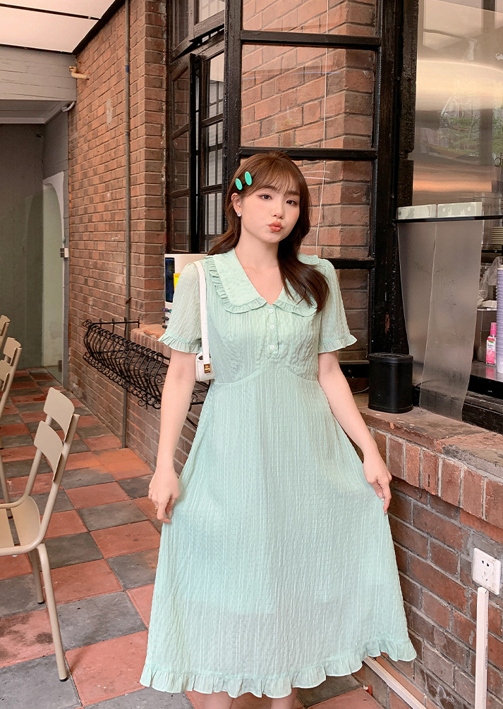 大きいサイズ レディース フリル襟ミントグリーンテクスチャーワンピース LL 3L 4L 5L 6L