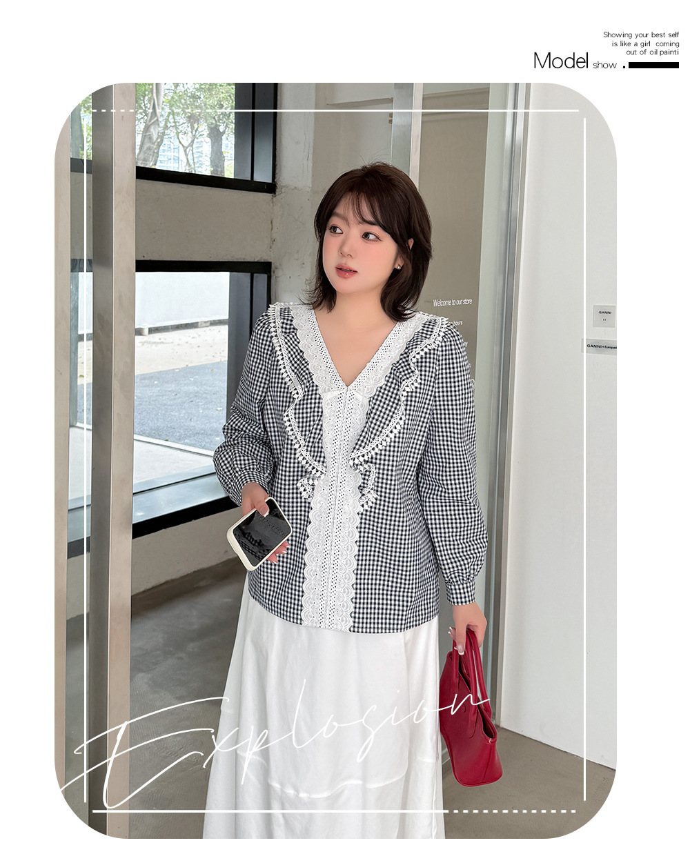 大きいサイズ レディース フレンチレトロギンガムチェックレースブラウス LL 3L 4L 5L