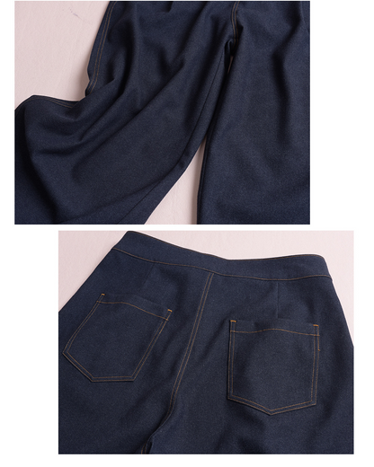 大きいサイズ レディース デニム風プリーツストレートワイドレッグパンツ LL 3L 4L 5L