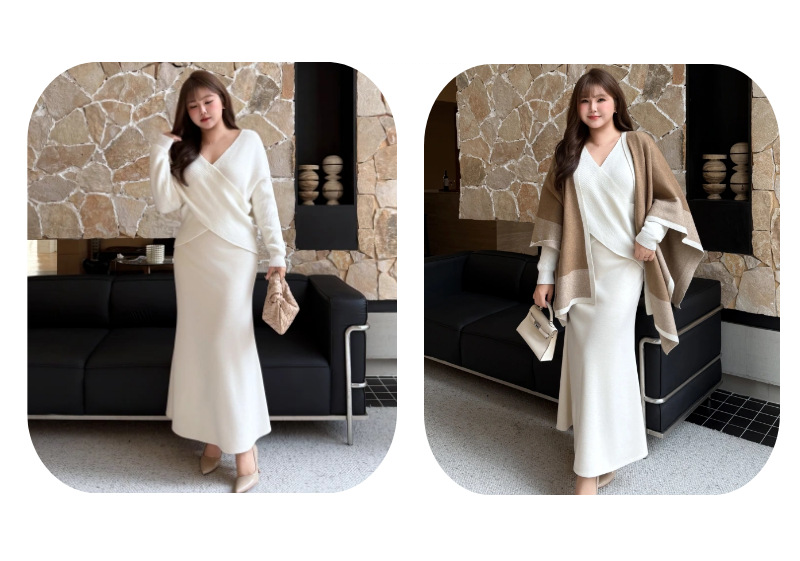 大きいサイズ レディース クロスオーバーVネックエレガントスリーピース（セーター+スカート+ショール） L LL 3L 4L F フリーサイズ