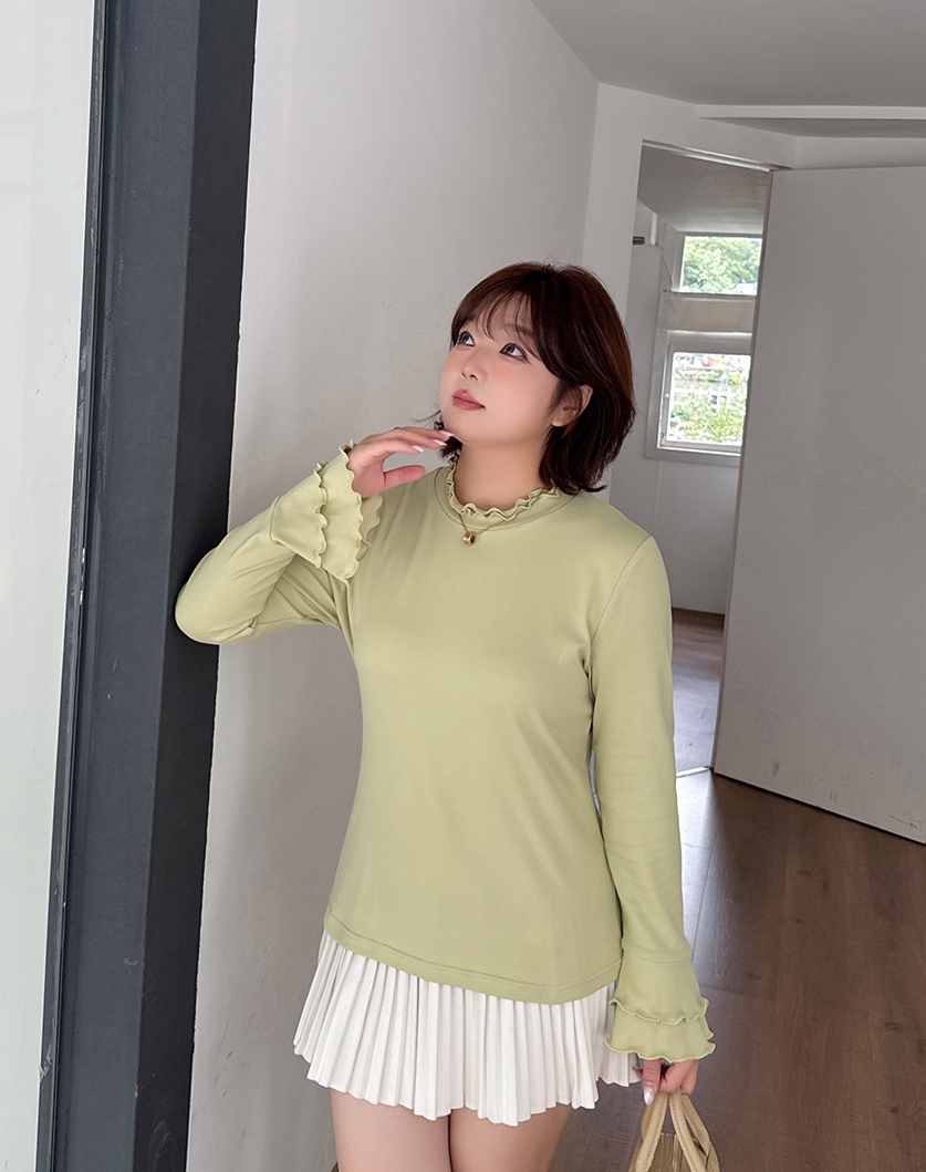 大きいサイズ レディース フリルネックスリムフィット長袖トップス LL 3L 4L 5L