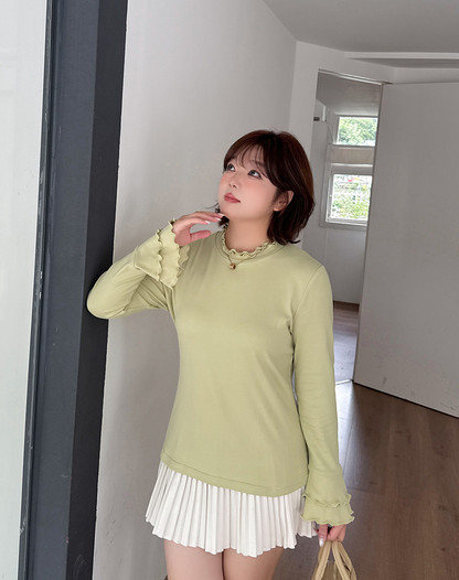 大きいサイズ レディース フリルネックスリムフィット長袖トップス LL 3L 4L 5L