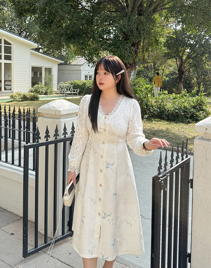 大きいサイズ レディース Vネックレース刺繍パッチワークワンピース LL 3L 4L 5L