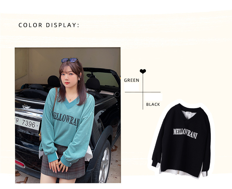 大きいサイズ レディース Vネックフェイクツーピースプルオーバースウェットシャツ LL 3L 4L 5L