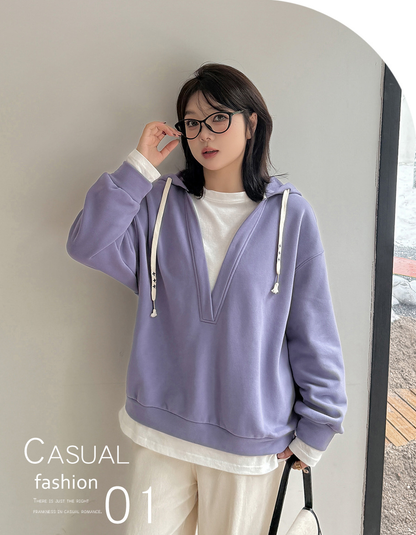 大きいサイズ レディース フード付き厚手フェイクツーピースカジュアルスウェットシャツ LL 3L 4L 5L