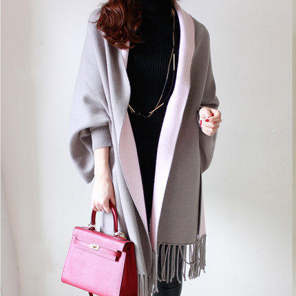 大きいサイズ レディース 袖付き着るニットフリンジストール F フリーサイズ