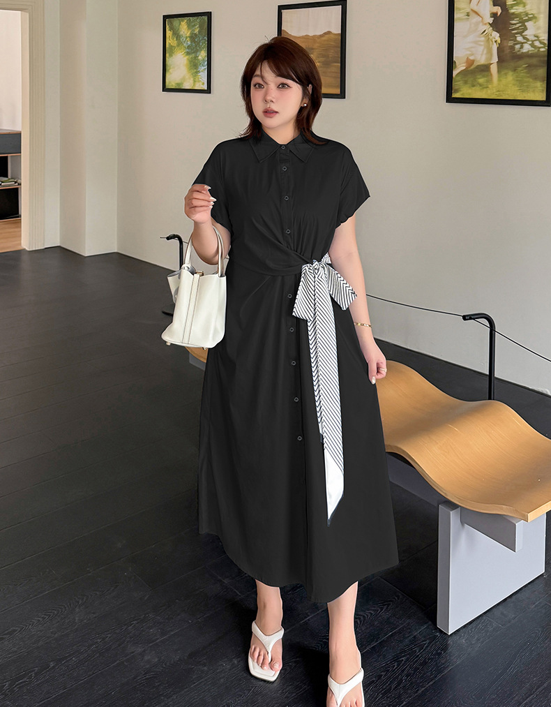 大きいサイズ レディース ストライプリボンウエストシャツワンピース LL 3L 4L 5L 6L