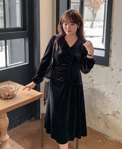 大きいサイズ レディース Vネックラインストーン装飾エレガントベルベットワンピース LL 3L 4L 5L