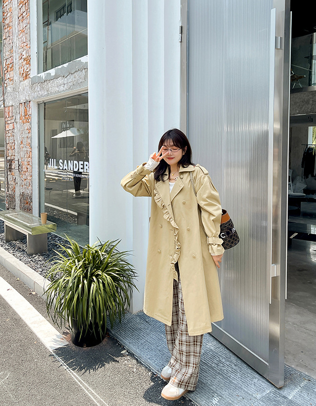 大きいサイズ レディース フリルラペルダブルブレストベルト付きロングトレンチコート LL 3L 4L 5L