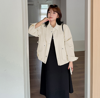 大きいサイズ レディース スナップボタン起毛コットンラペルジャケット LL 3L 4L 5L