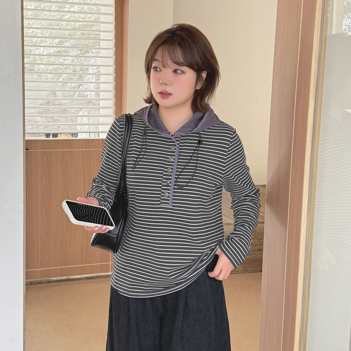 大きいサイズ レディース フード付きストライプ柄ベースレイヤーフリースシャツ LL 3L 4L 5L