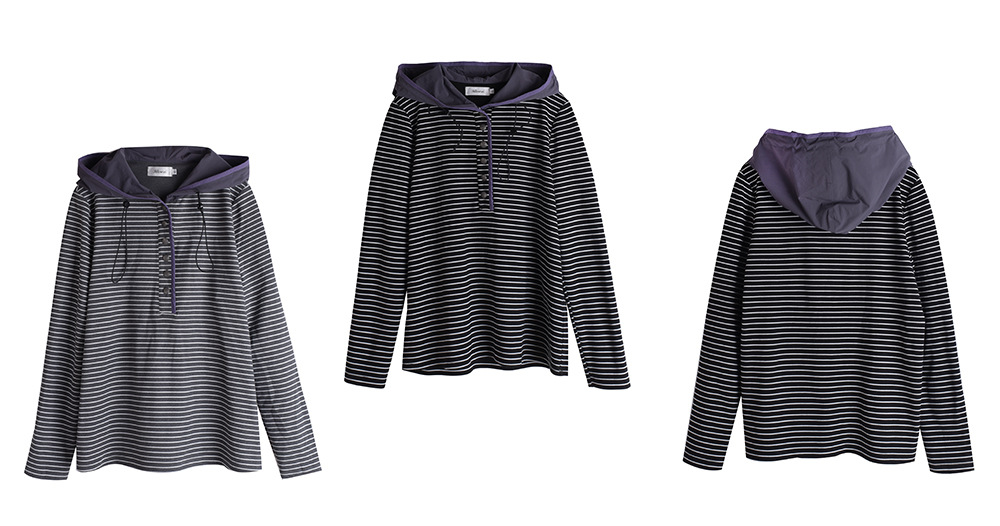 大きいサイズ レディース フード付きストライプ柄ベースレイヤーフリースシャツ LL 3L 4L 5L