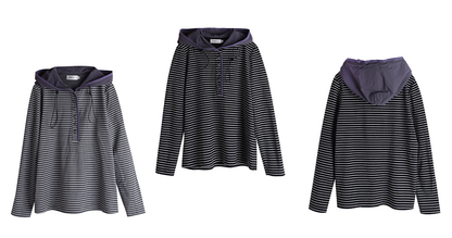 大きいサイズ レディース フード付きストライプ柄ベースレイヤーフリースシャツ LL 3L 4L 5L