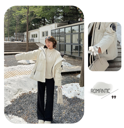 大きいサイズ レディース フード付きロゴ刺繍ワッペンミドル丈ダックダウンジャケット LL 3L