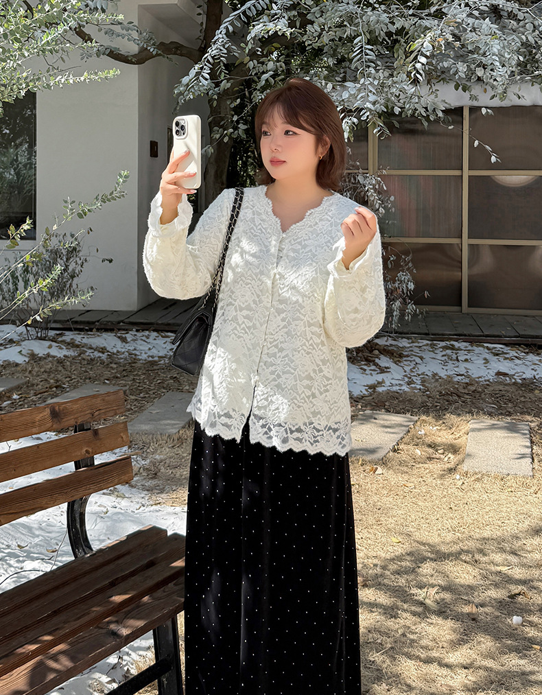 大きいサイズ レディース Vネックフリル刺繍レースエレガントブラウス LL 3L 4L 5L