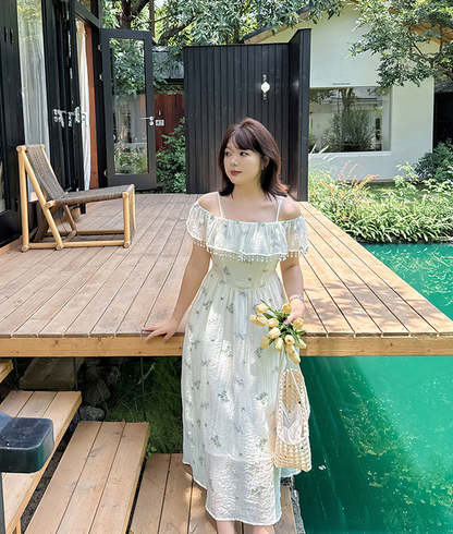 大きいサイズ レディース ビーズ刺繍オフショルダーサスペンダーワンピース LL 3L 4L 5L