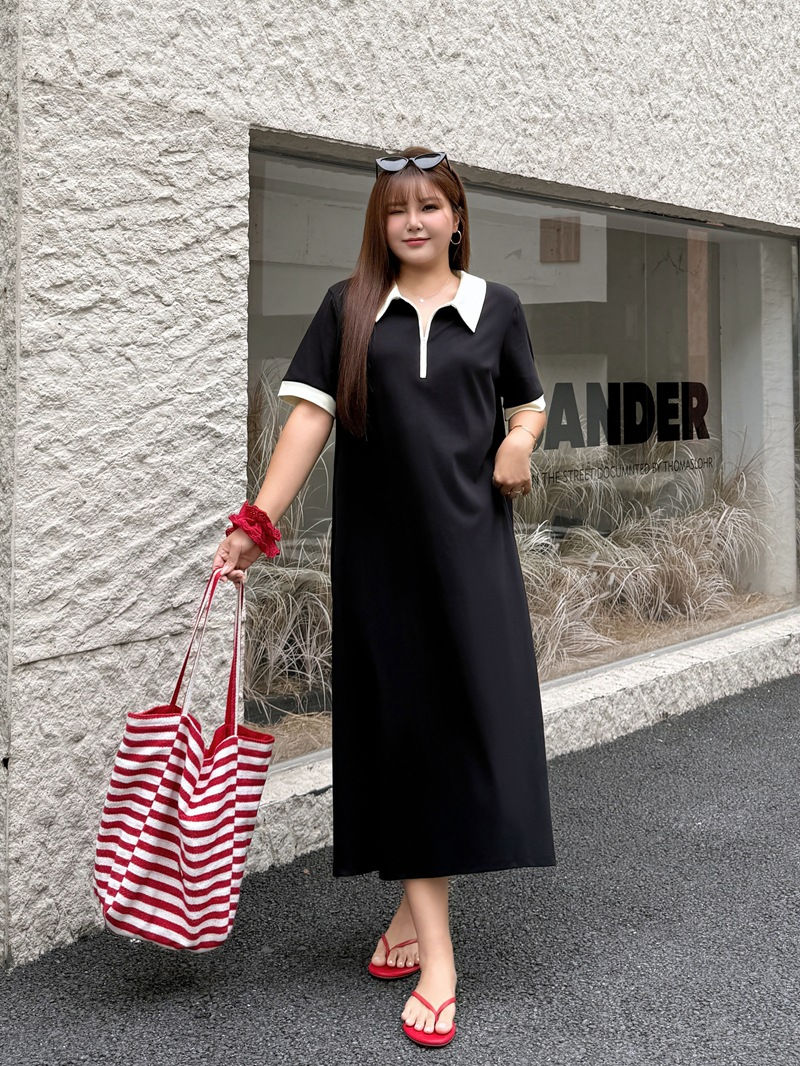大きいサイズ レディース 配色ポロカラーハーフジップAラインワンピース LL 3L 4L 5L