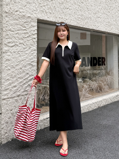 大きいサイズ レディース 配色ポロカラーハーフジップAラインワンピース LL 3L 4L 5L