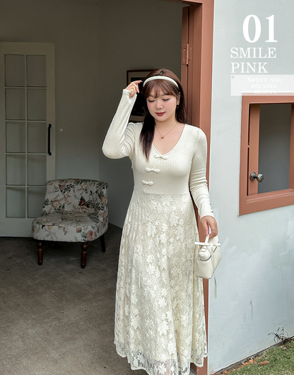 大きいサイズ レディース レース切替えVネックニットワンピース LL 3L 4L 5L