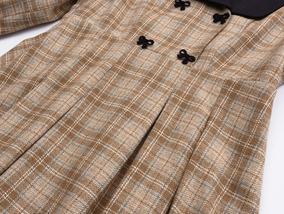 大きいサイズ レディース ブラックラペルフロックリボンチェック柄プリーツワンピース LL 3L 4L 5L