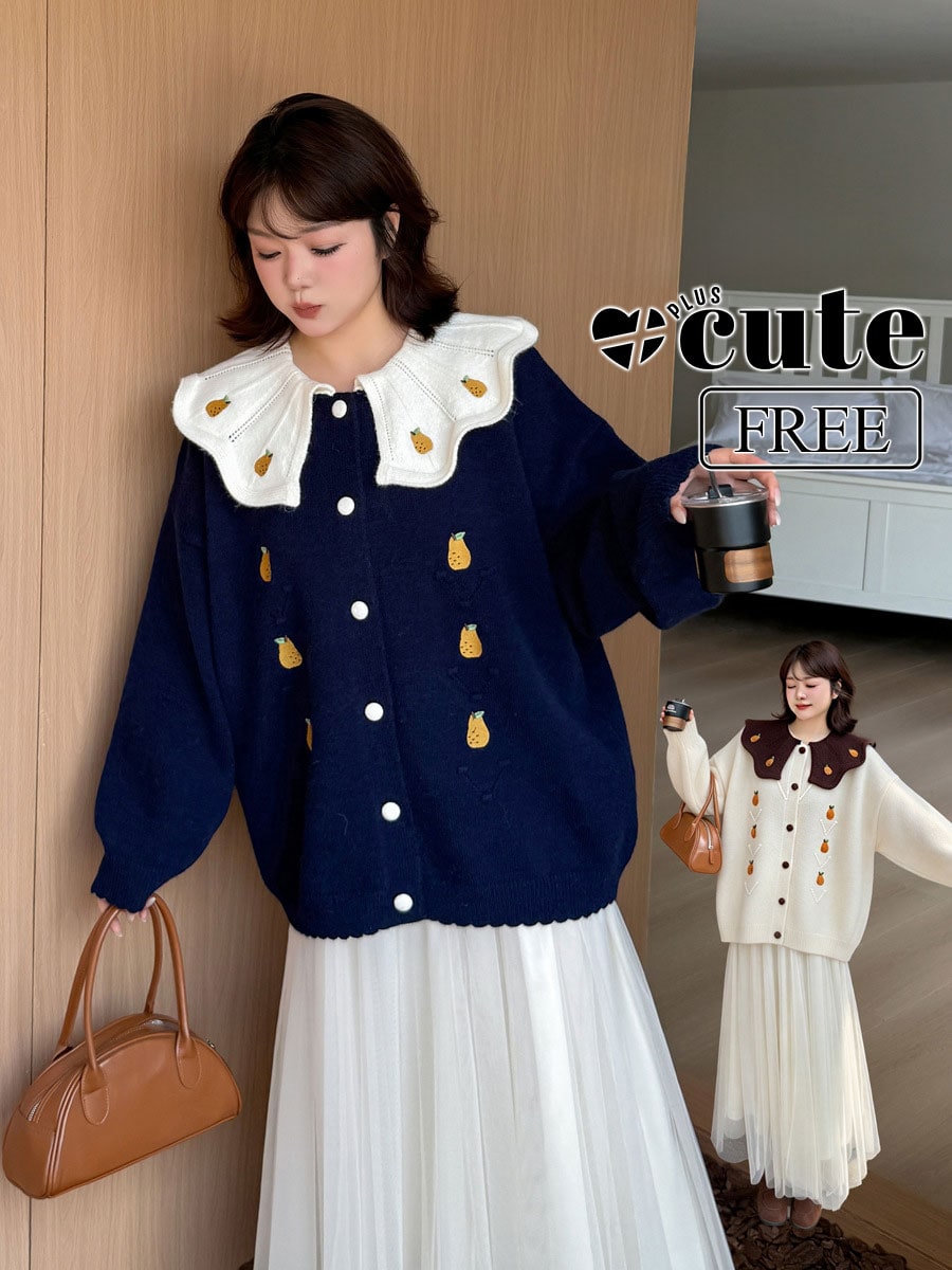 大きいサイズ レディース 洋梨刺繍ビッグカラーニットカーディガン フリーサイズ 1