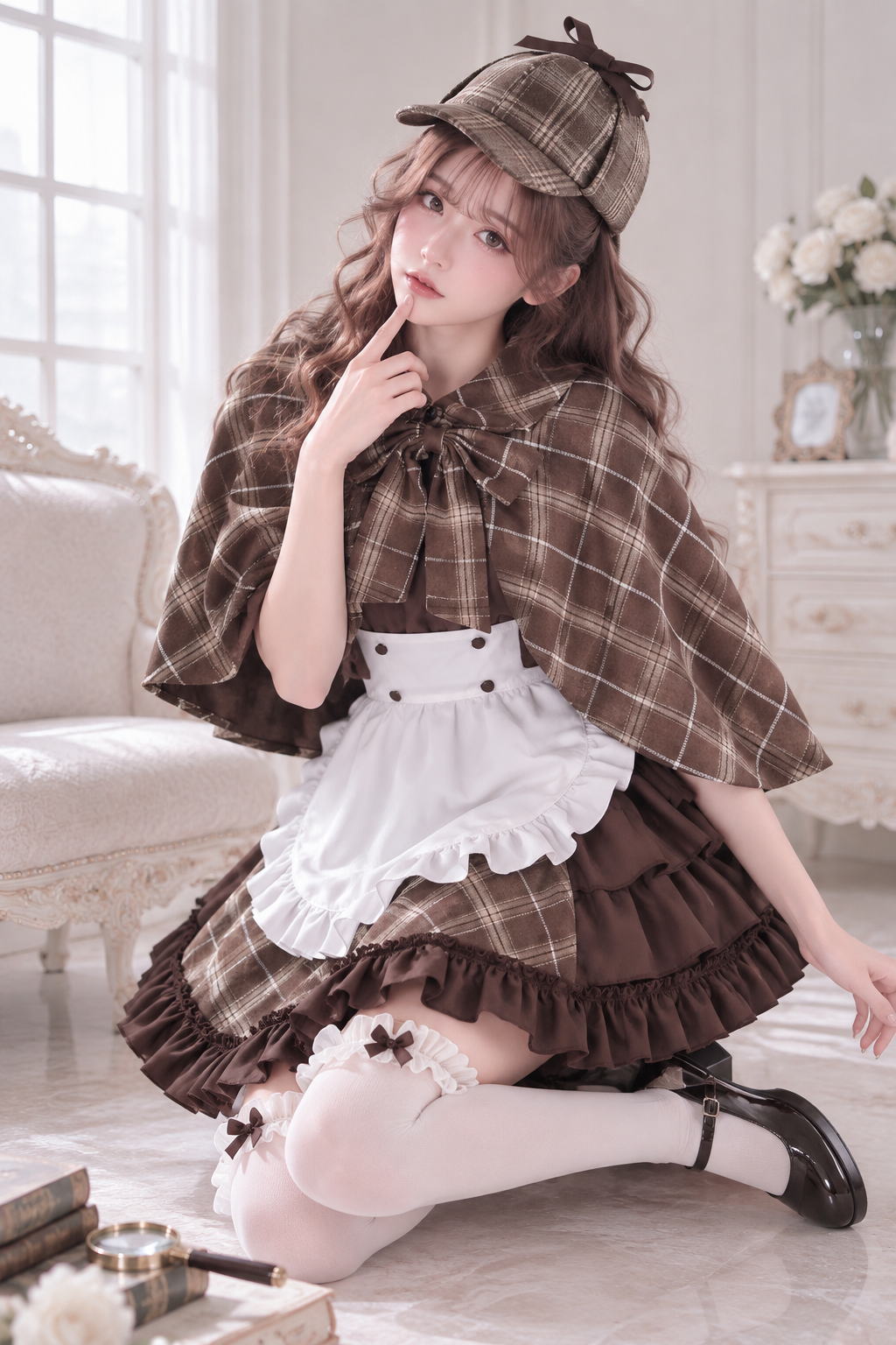 大きいサイズ レディース 探偵風チェック柄メイドコスチューム LL 3L 4L 5L 6L