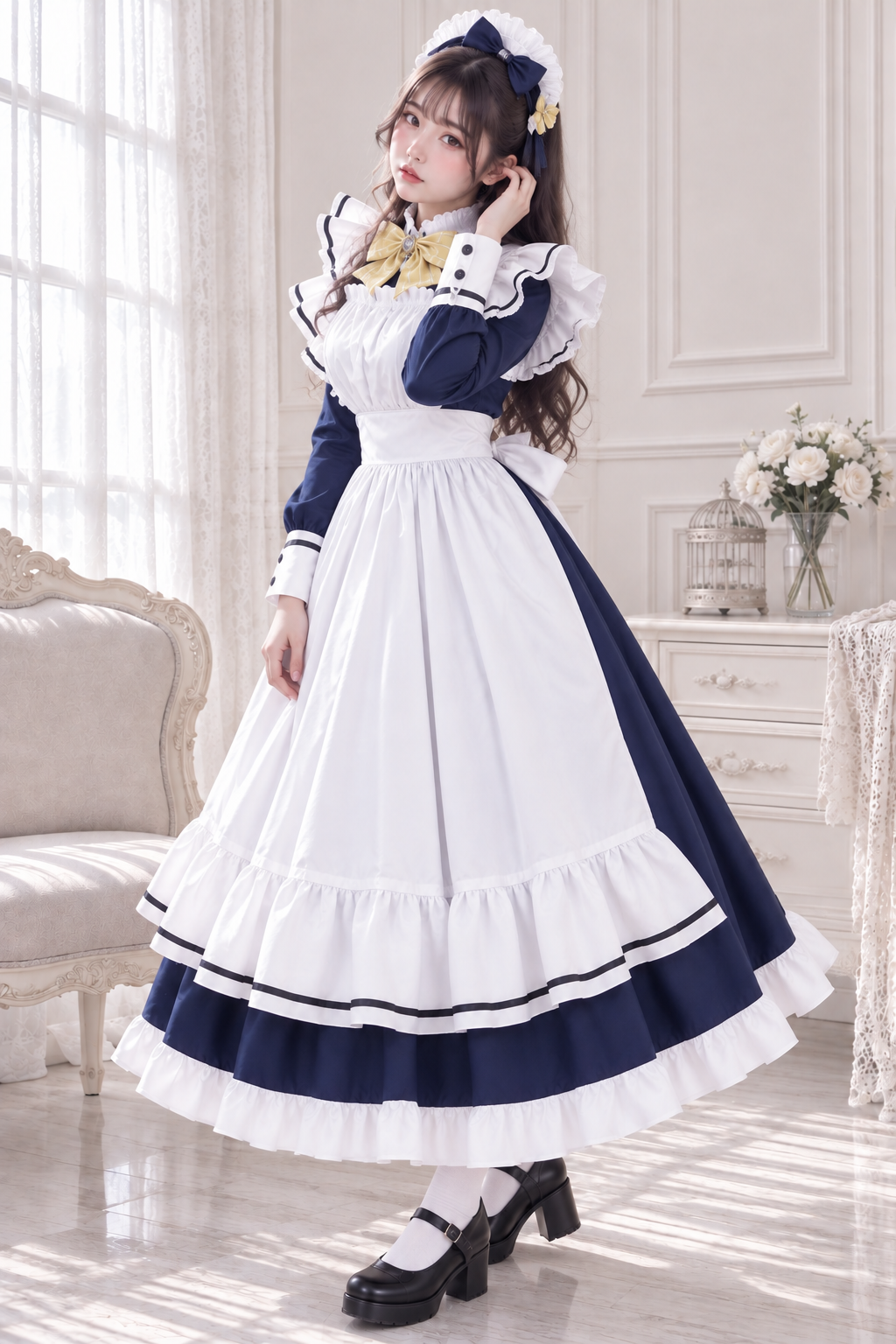 大きいサイズ レディース フリルエプロン付きロングメイド服コスチューム LL 3L 4L 5L 6L