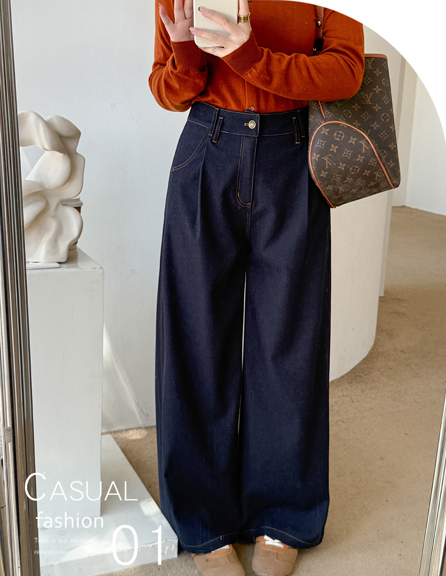 大きいサイズ レディース デニム風プリーツストレートワイドレッグパンツ LL 3L 4L 5L