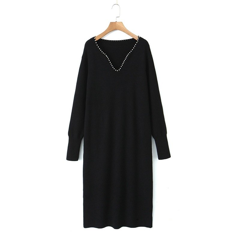 大きいサイズ レディース パールVネックスイートニットフレンチワンピース LL 3L 4L