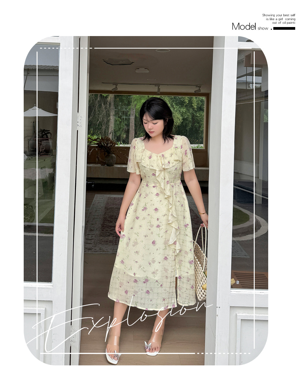 大きいサイズ レディース フレンチフリル花柄プリントワンピース LL 3L 4L 5L