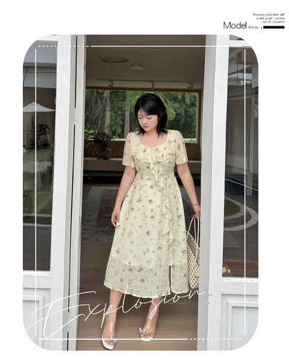 大きいサイズ レディース フレンチフリル花柄プリントワンピース LL 3L 4L 5L
