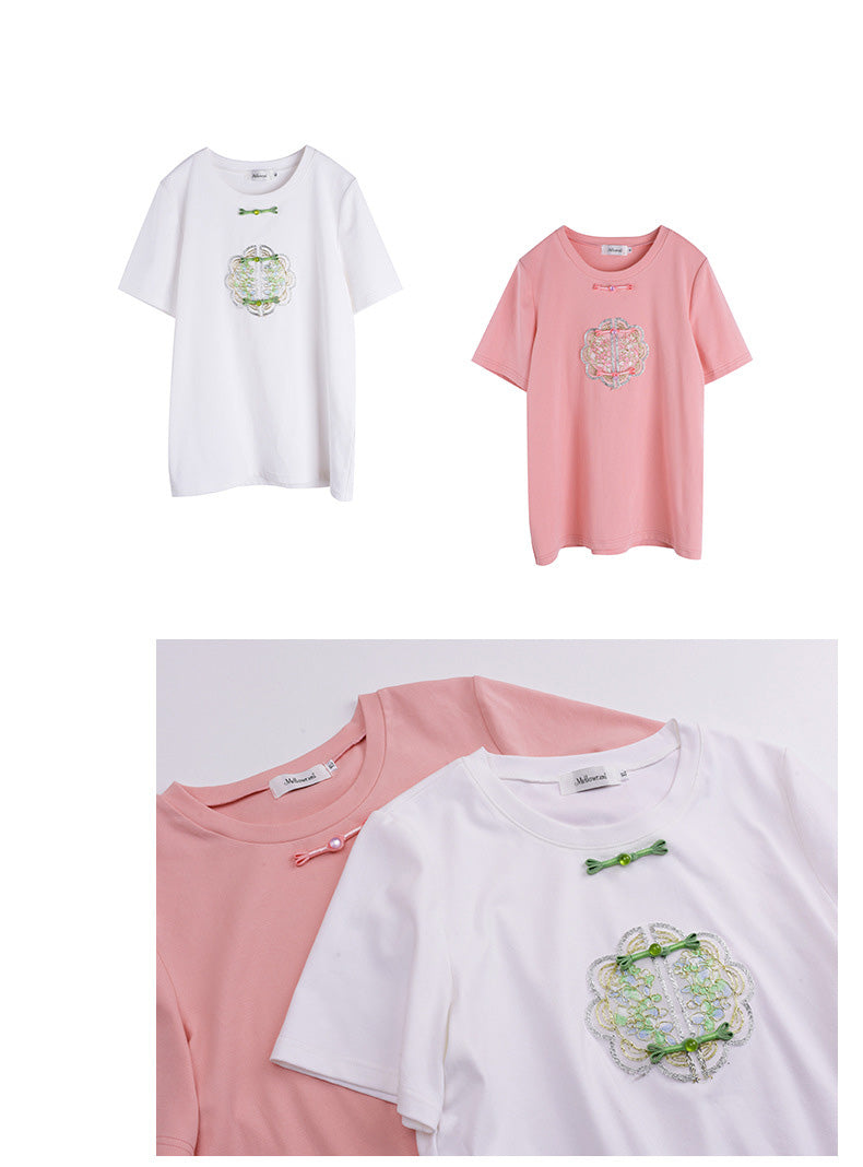 大きいサイズ レディース レトロチャイナスタイルラウンドネック半袖Tシャツ LL 3L 4L 5L