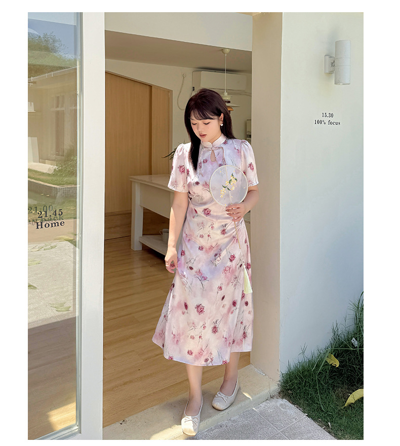 大きいサイズ レディース チャイナ風レトロ花柄プリントワンピース LL 3L 4L 5L