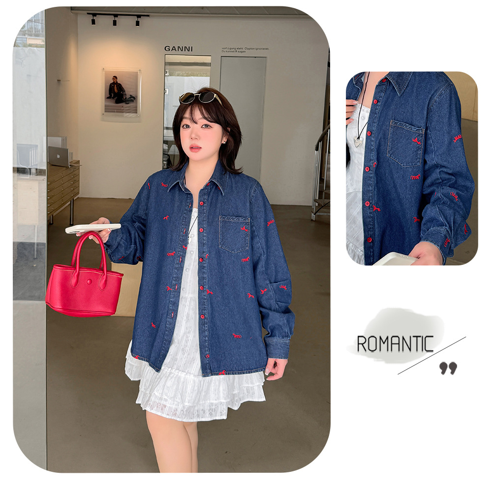 大きいサイズ レディース ポニー刺繍カジュアルウォッシュデニムシャツ 3L 4L 5L