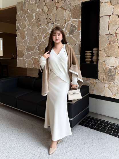 大きいサイズ レディース クロスオーバーVネックエレガントスリーピース（セーター+スカート+ショール） L LL 3L 4L F フリーサイズ