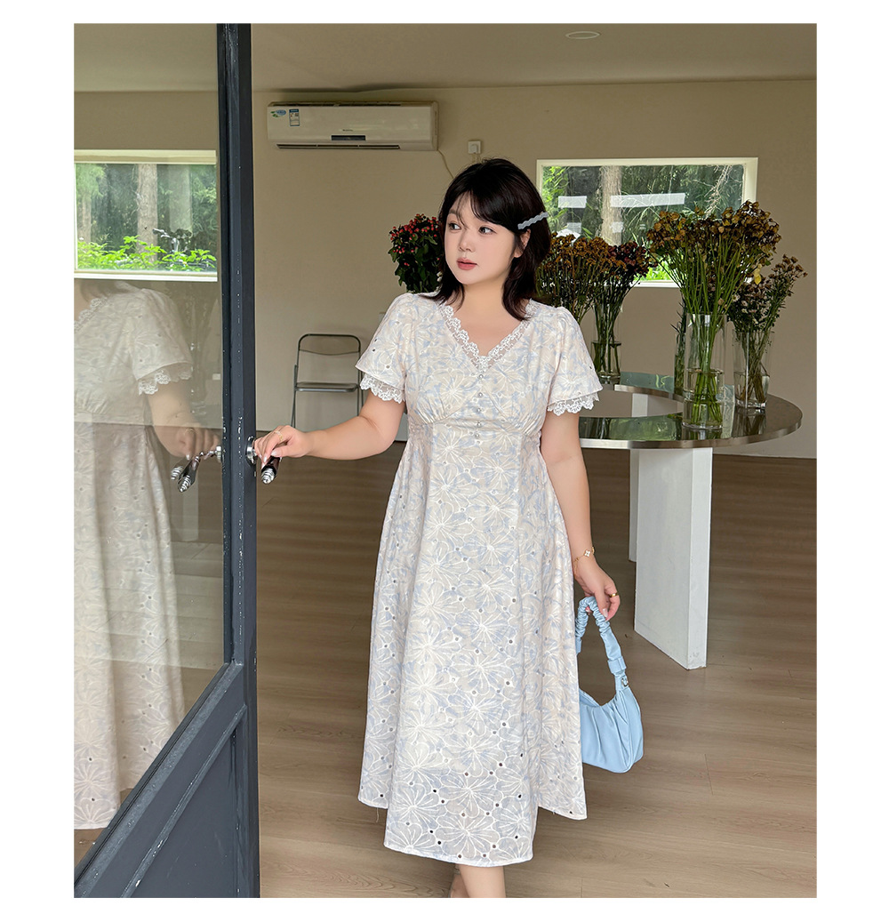 大きいサイズ レディース フラワーレース刺繍Vネックワンピース LL 3L 4L 5L
