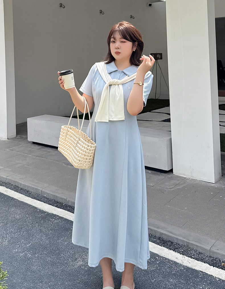 大きいサイズ レディース 刺繍入りショール付きポロカラーロングワンピース LL 3L 4L 5L 6L