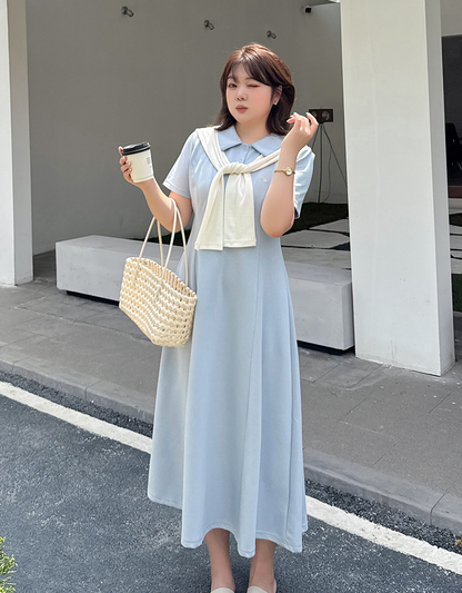 大きいサイズ レディース 刺繍入りショール付きポロカラーロングワンピース LL 3L 4L 5L 6L