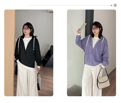 大きいサイズ レディース フード付き厚手フェイクツーピースカジュアルスウェットシャツ LL 3L 4L 5L